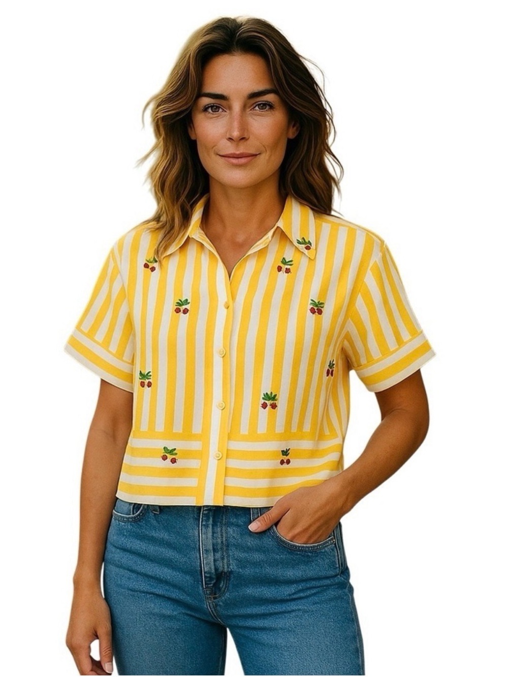 Christian Lacroix Yellow and White Striped Embellished Short Sleeve Top